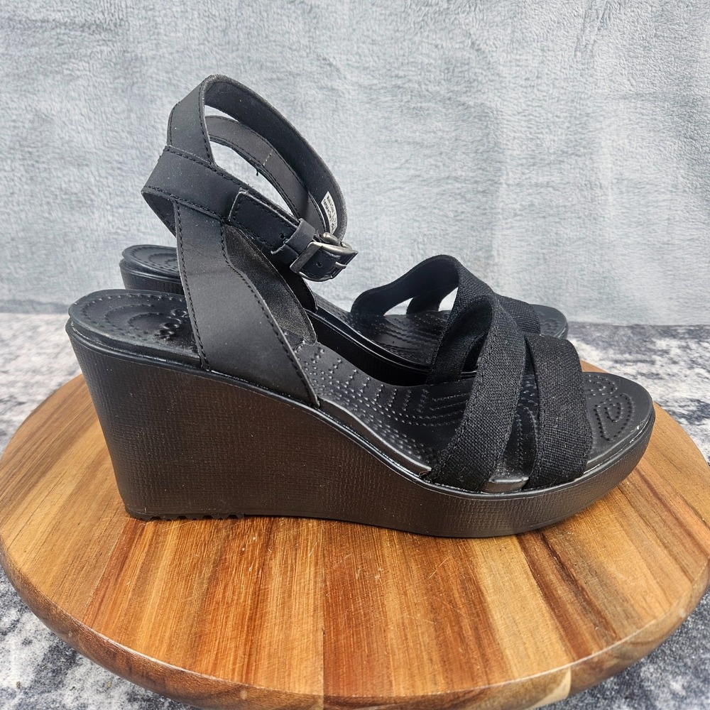 Crocs Leigh II Cross Strap Ankle Comfort Platform Wedge Sandals Black Women Sz 8